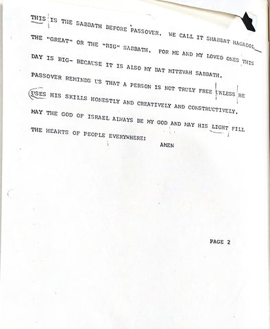 page of speech from bat mitzvah 1982