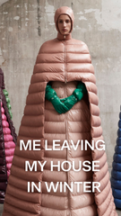Woman in full pink puffy coat with text: me leaving my house in winter 
