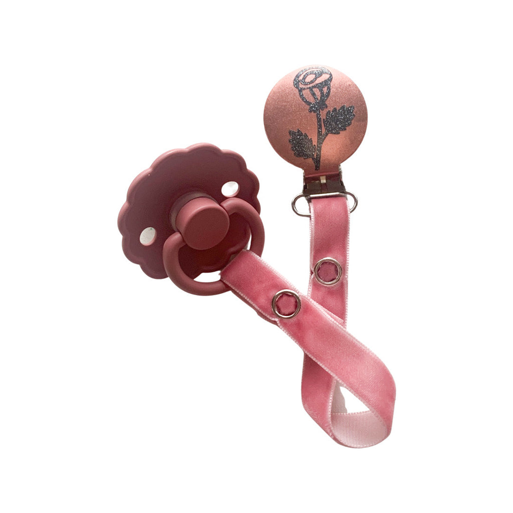 Classy Paci Black with brick red Rose Pacifier Clip FW21-22