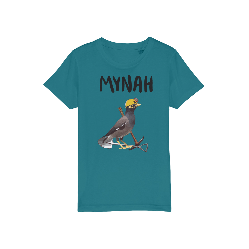 A mynah bird t-shirt featuring a mynah bird in a hard hat with a pick axe and shovel. Funny bird meme shirt in teal. 