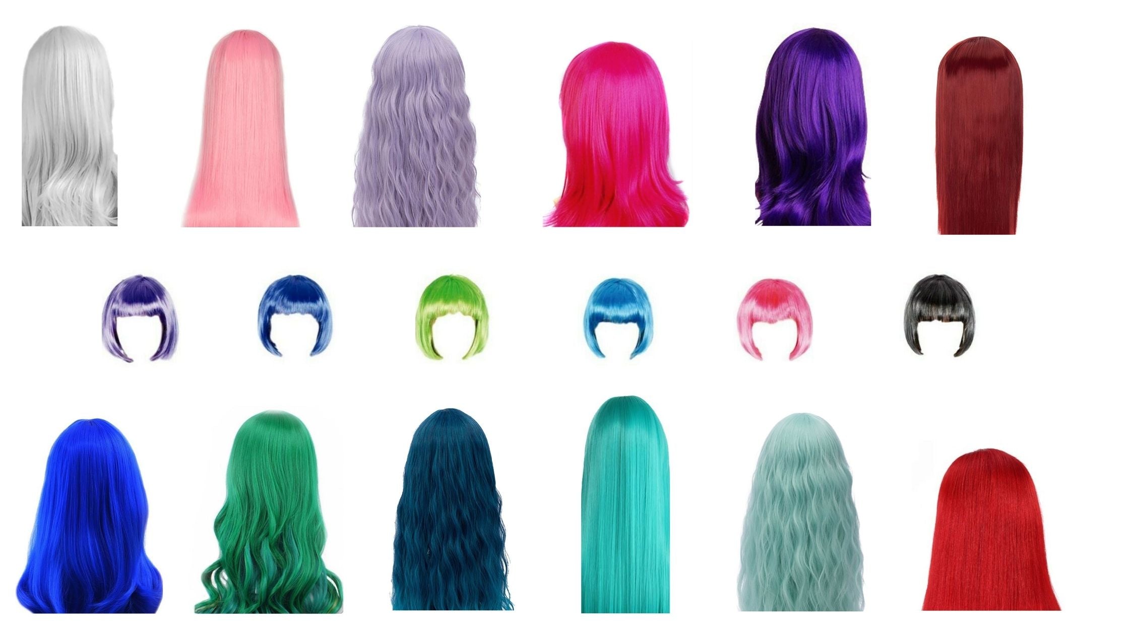 display of long short curly straight colorful and fun party wigs at wig ave austin tx