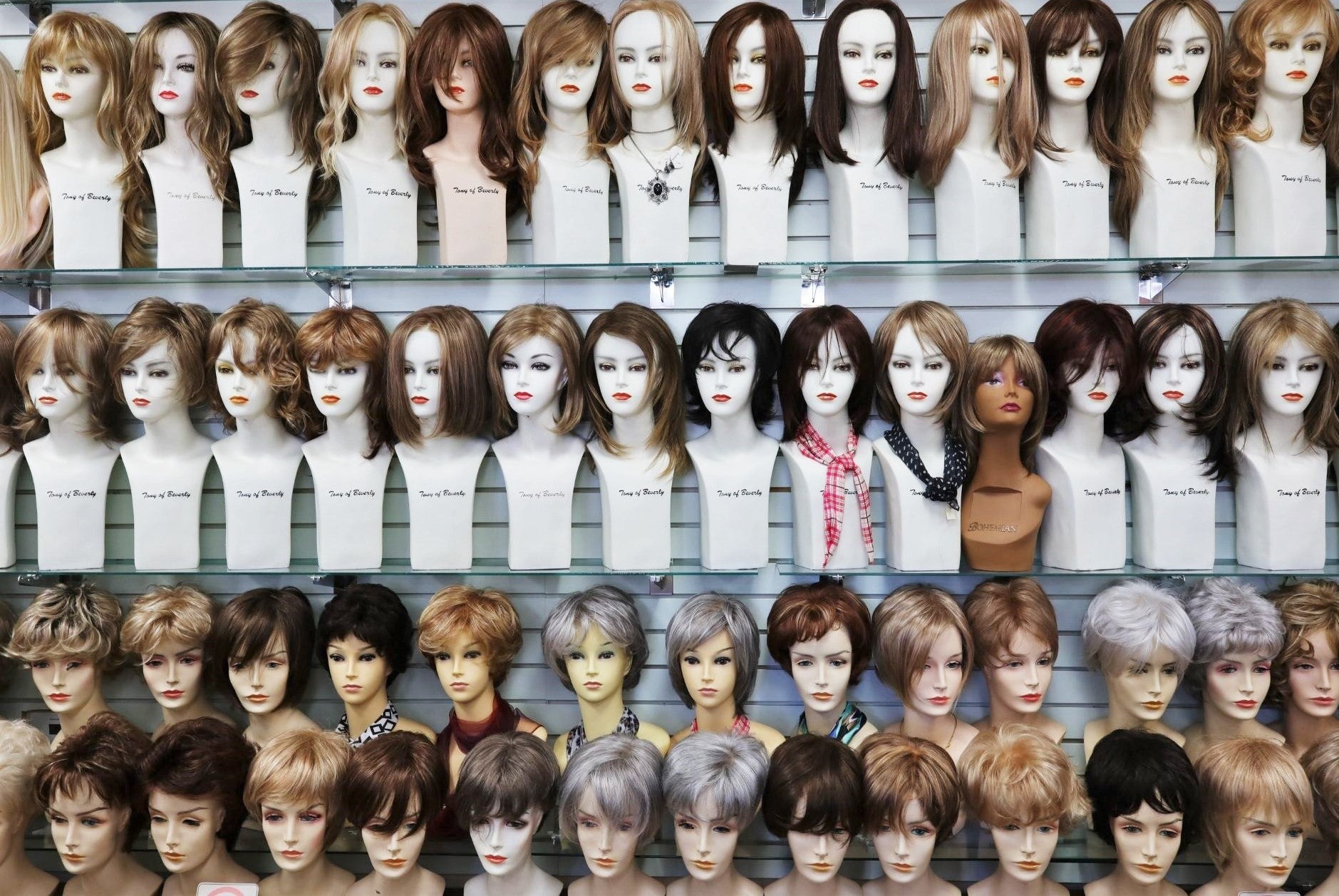 full shot of wigs in wig ave displayed;