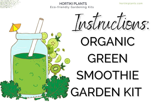 Green smoothie with kale and fruit spread around. Text reads Instructions Organic Green Smoothie Garden Kit