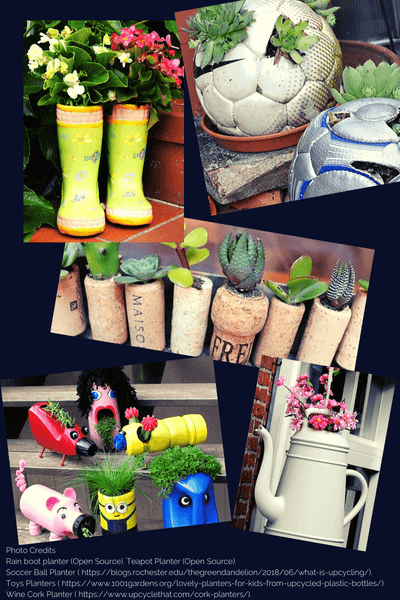 Yellow rain boots with flowers in them. Soccer balls with succulents in them. Beige metal kettle with flowers. Wine cork with cactus and succulent plants. Toy planters with plants