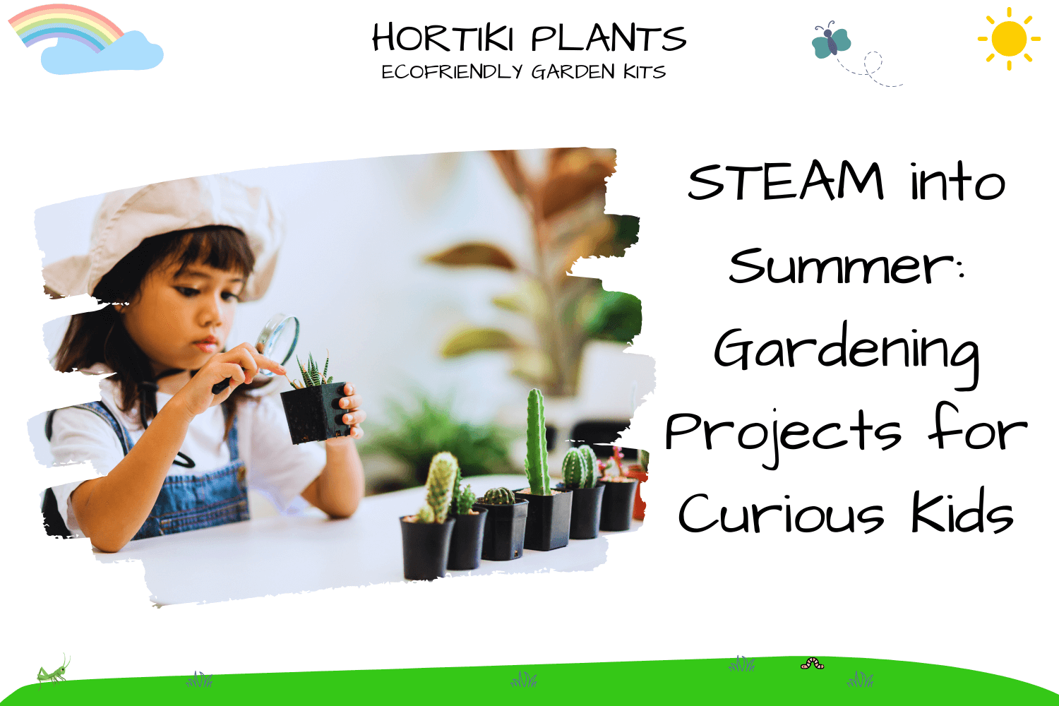 Child examining plants with a magnifying glass
