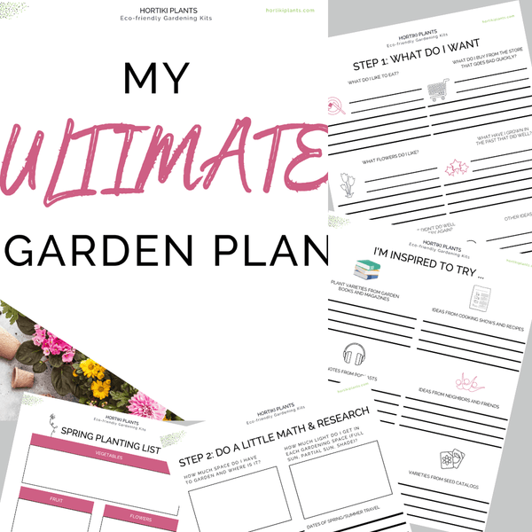 Image of gardening planning worksheets. Image is clickable. Worksheets can be downloaded for free after email sign-up to Hortiki Plants' newsletter