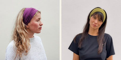 Stirnbandhack gegen rutschen im Nacken , 2 Frauen tragen Jersey Stirnbänder mit langen offenen Haaren