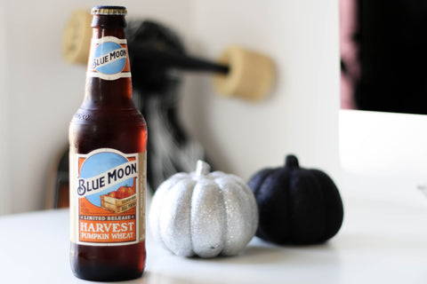 Blue Moon pumpkin harvest beer next to black and white pumpkins. 