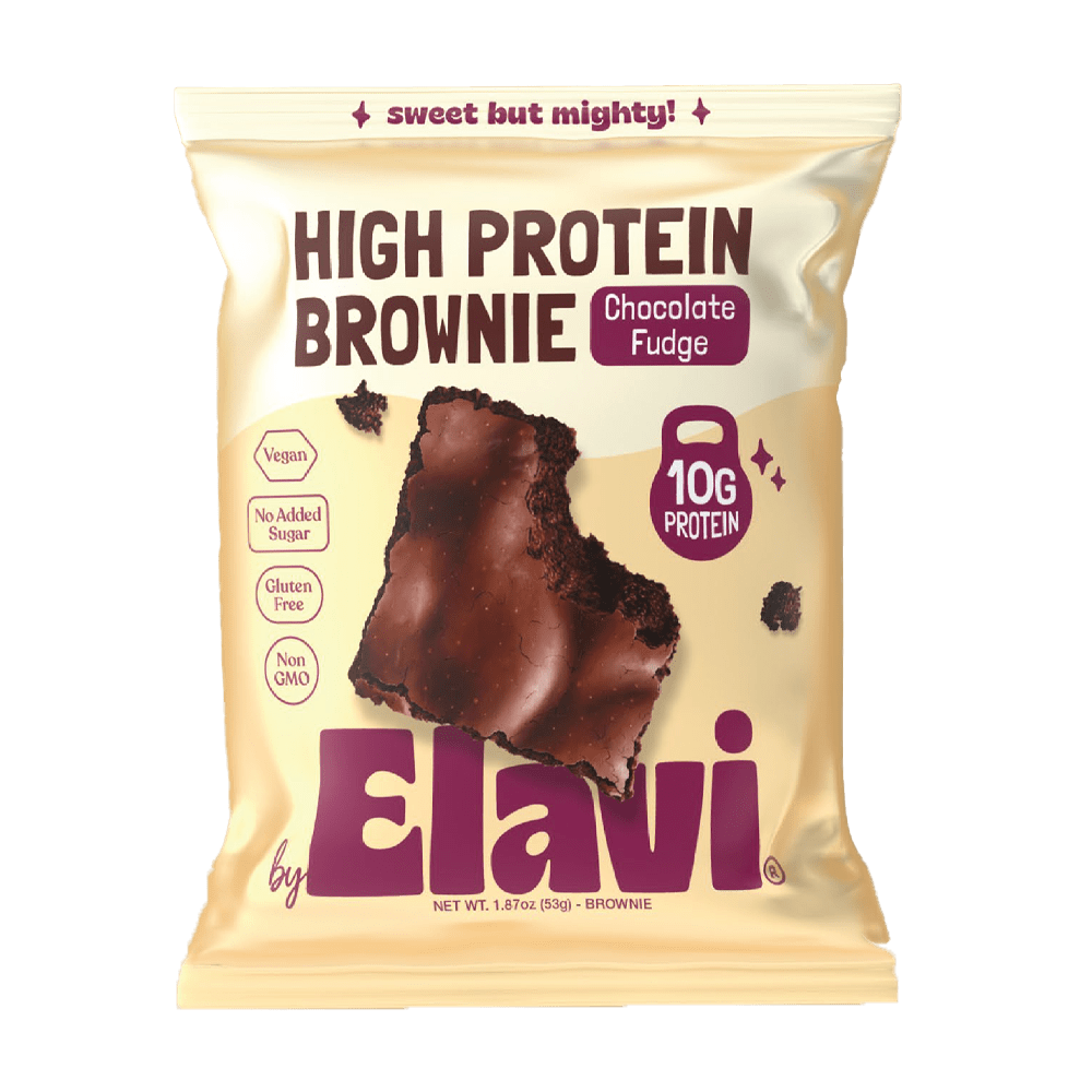 High protein brownie packaging with a chocolate fudge image and health-related symbols.