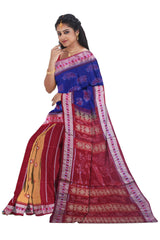 Exclusive Sonepur Cotton Saree in Blue, Yellow & Maroon color body in Bomkei Pattern  & Patli Design(with Blouse Piece)
