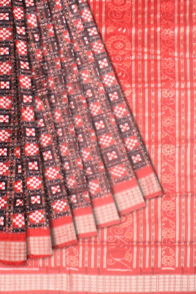A Sambalpuri Pata saree in Red and Blak color Sapta design body,with blouse piece. - Koshali Arts & Crafts Enterprise