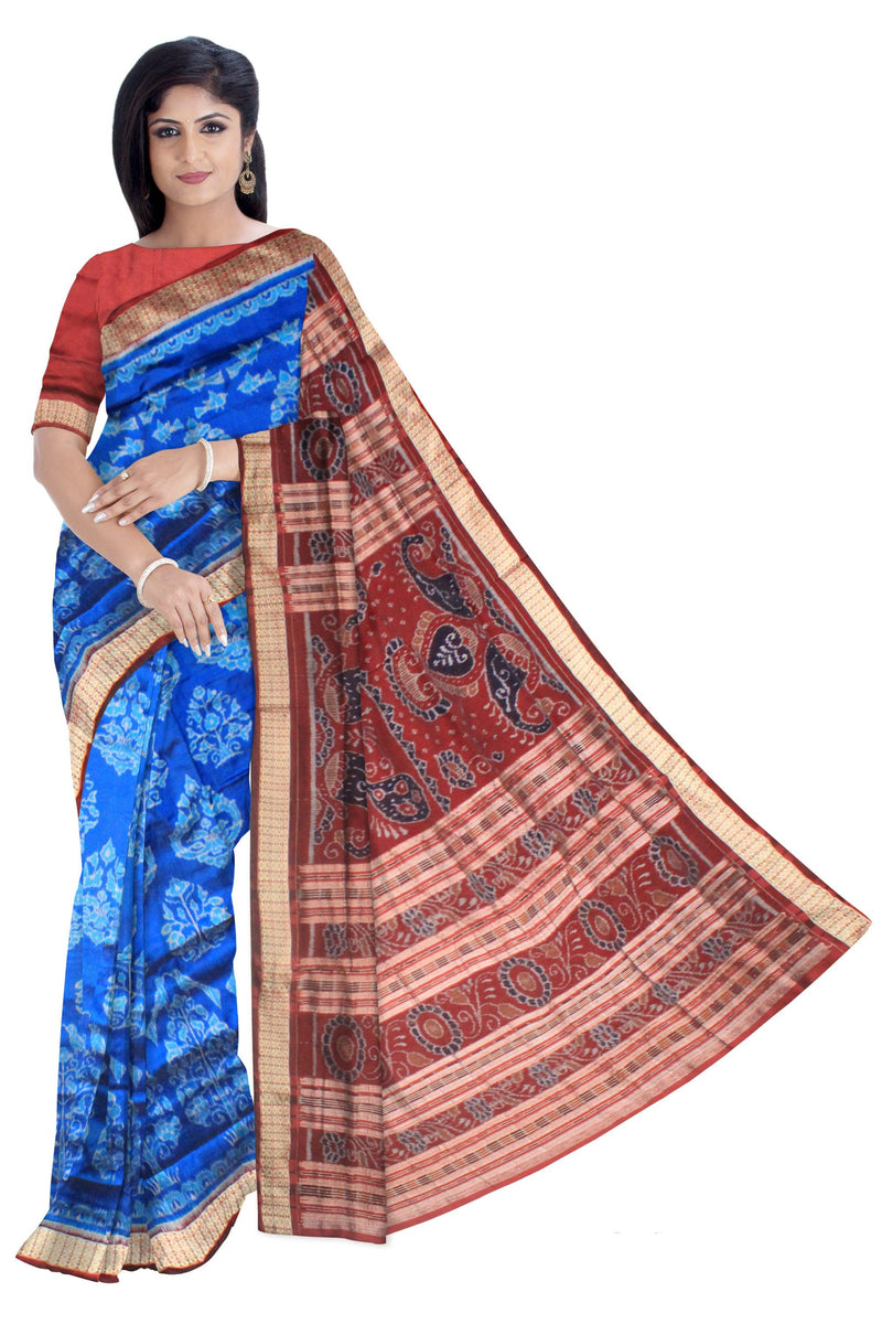 A sambalpuri nature queen  pata saree in blue color base., with blouse piece. - Koshali Arts & Crafts Enterprise