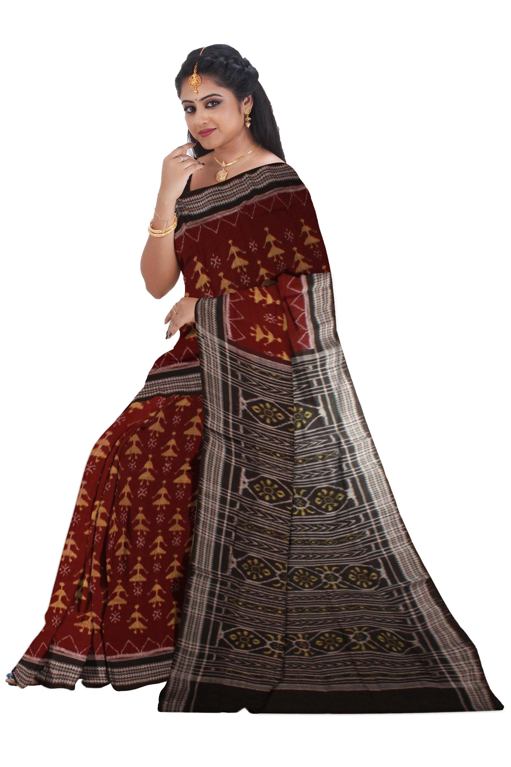 Brown color doll print Sambalpuri Cotton saree with blouse