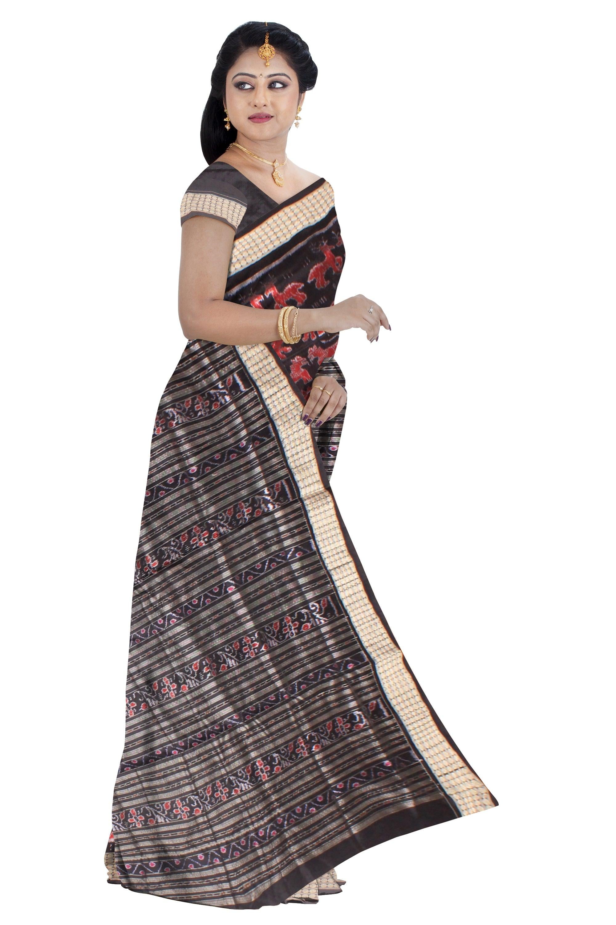 Sambalpuri Pata Saree in Maroon and Black Color in animal