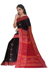 NEW DESIGN PEACOCK AND FLOWER BASED COTTON SAREE IN BLACK AND RED COLOR, AVAILABLE WITH BLOUSE.