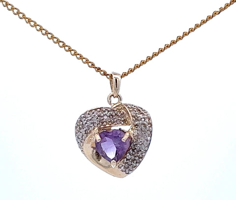 Amethyst & Diamond Yellow Gold Heart Pendant