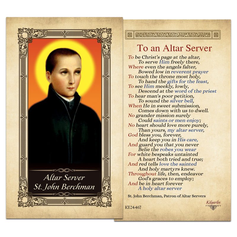 Altar Server St. John Berchman Kilgarlin Laminated Prayer Card