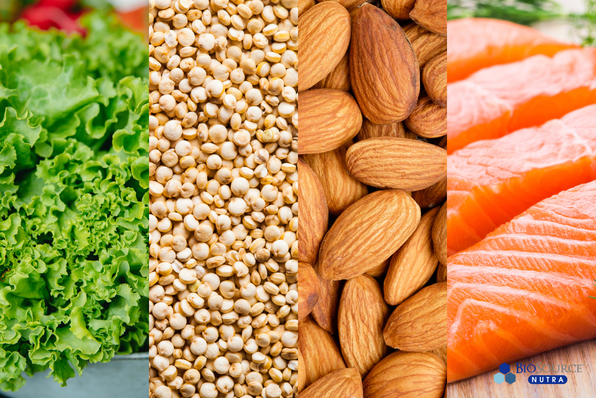 Leafy green veggies, whole grains, almonds, and salmon