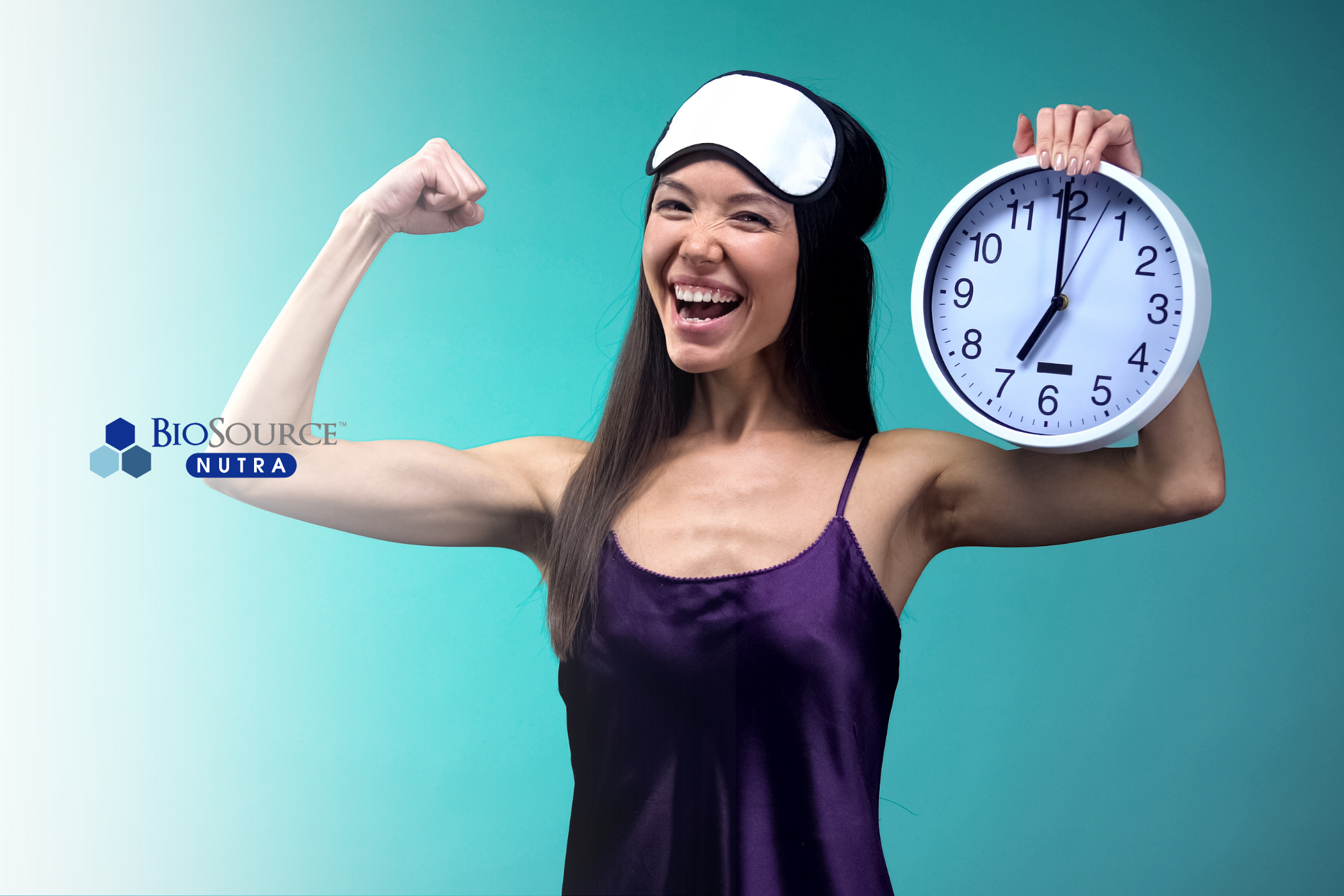 A young woman flexes her muscles as she holds a clock