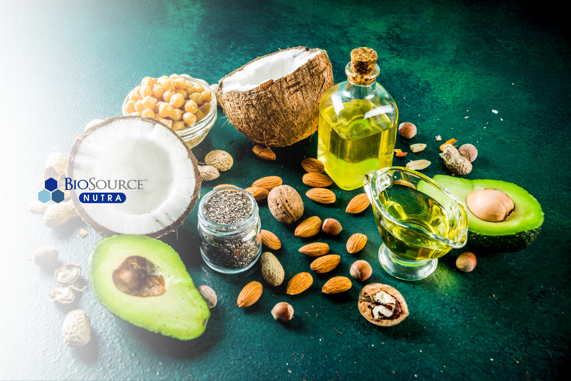 A variety of healthy fats, including nuts and avocados