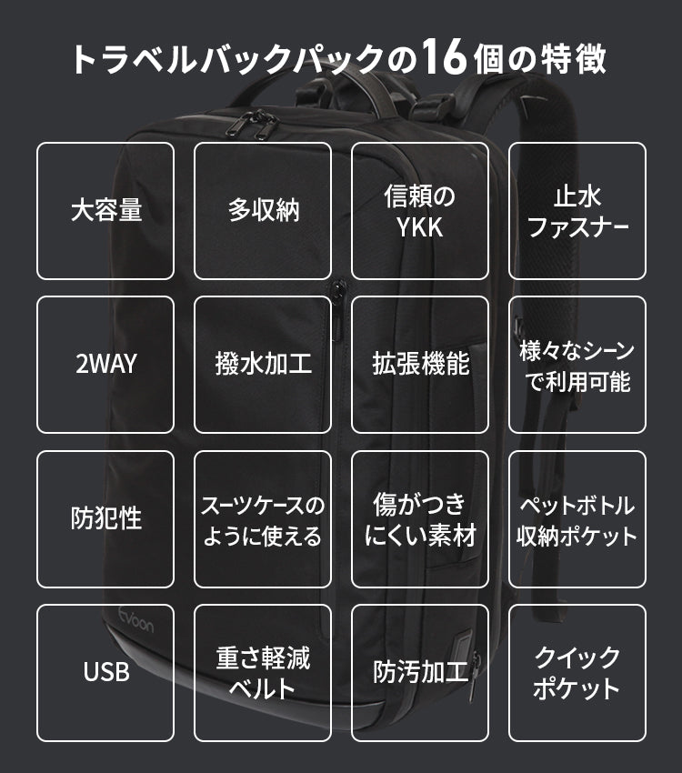 Evoon トラベルバックパック・容量27L~拡張時40L【送料無料・3営業日