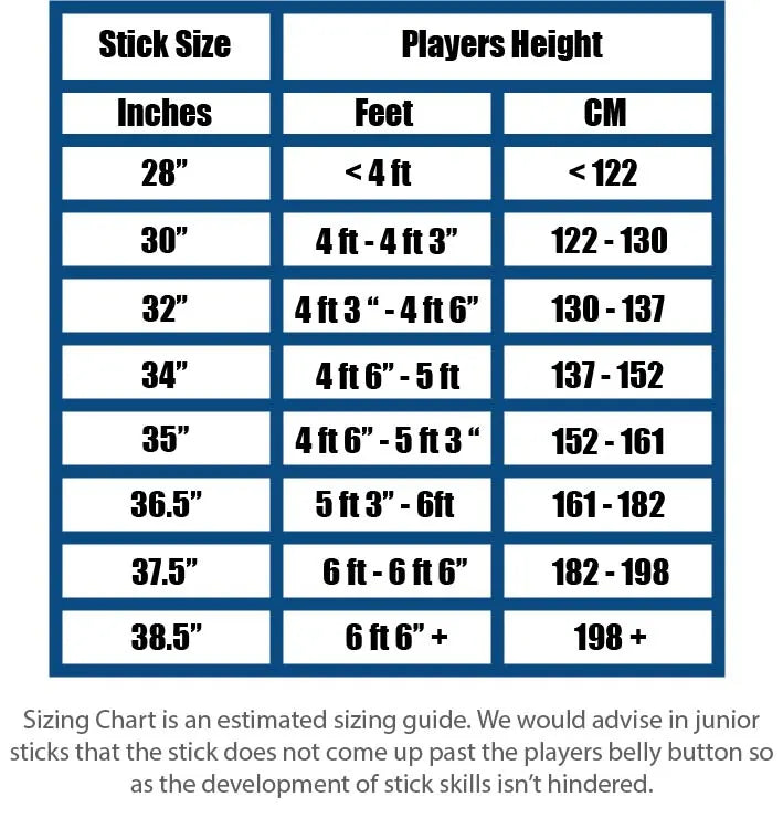 hockey stick size chart showing ruler showing inches feet and cm