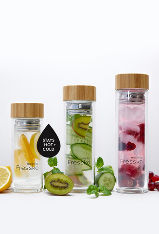 3 sizes of Fressko insulated infuser flasks with leakproof bamboo lids. Filled with colourful fresh fruit to create yummy infused waters. BPA free. 300ml, 400ml and 500ml sizes. 