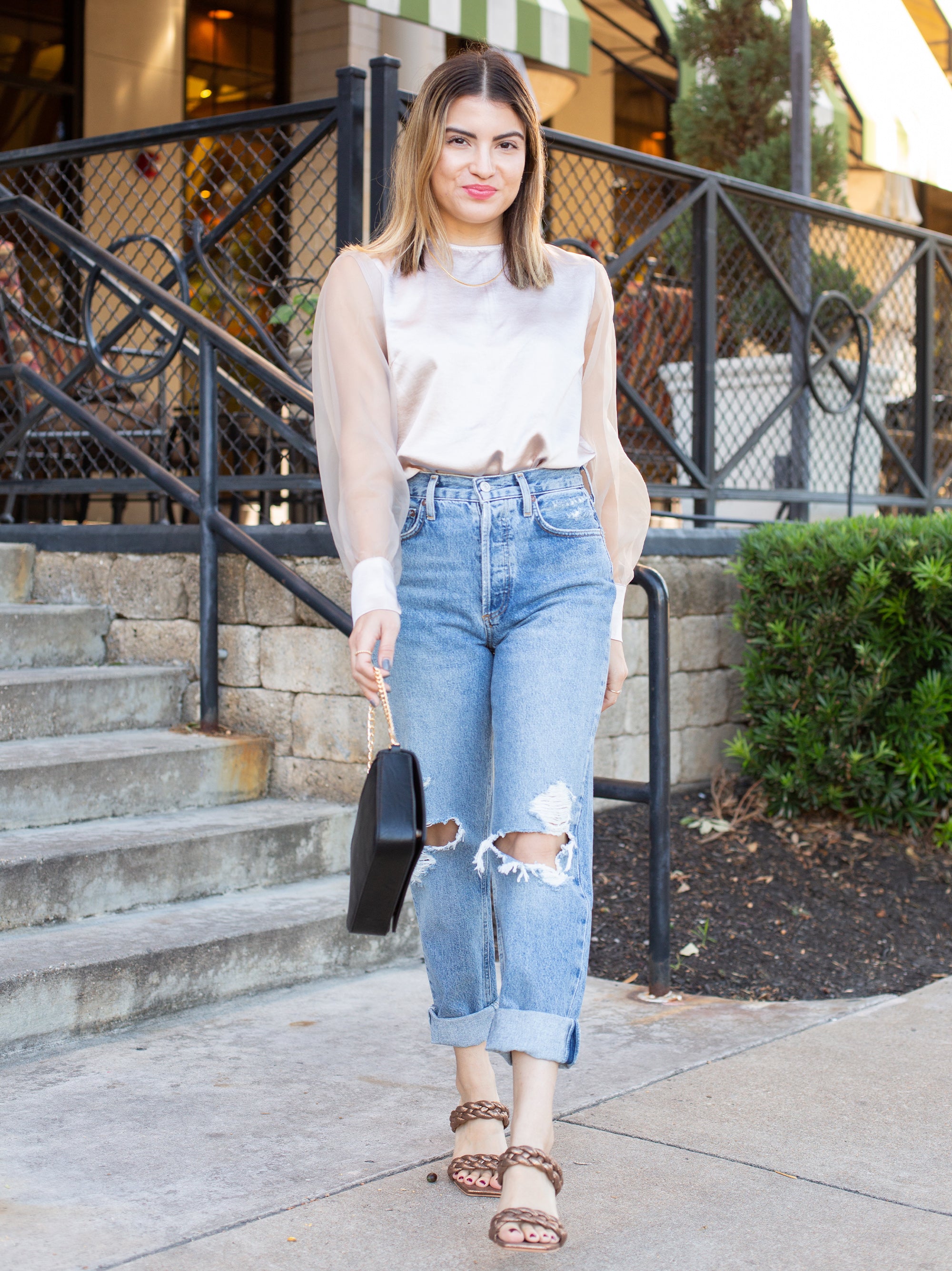 AS by DF Organza Long Sleeve Blouse, Agolde Fen Jeans, and Dolce Vita Pailey Heels at French Cuff Boutique