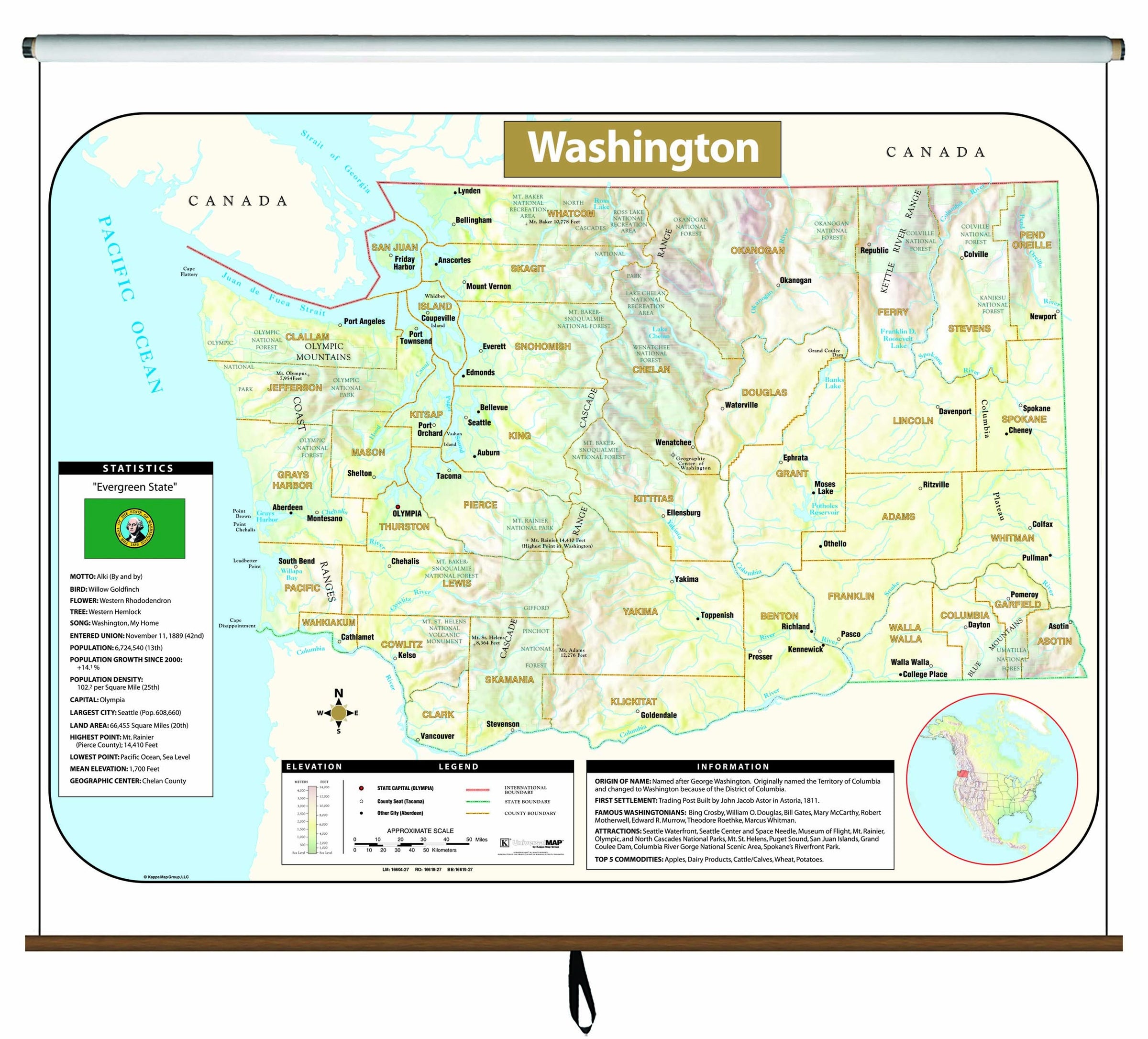 Washington Large Scale Shaded Relief Wall Map on Roller  Maps.com.com