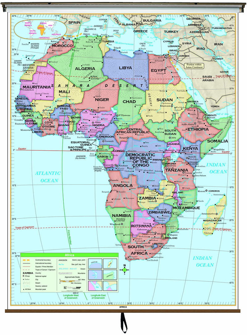 Africa Essential Classroom Wall Map on Roller w/ Backboard | Maps.com.com