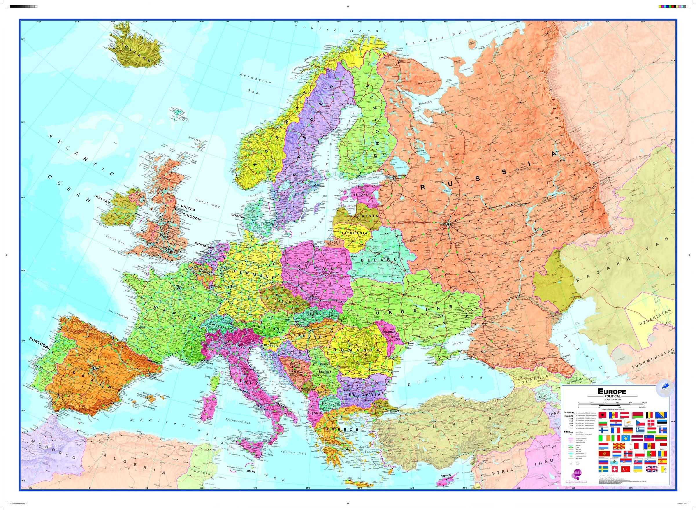 Large Primary Europe Wall Map Political Laminated All In One Photos
