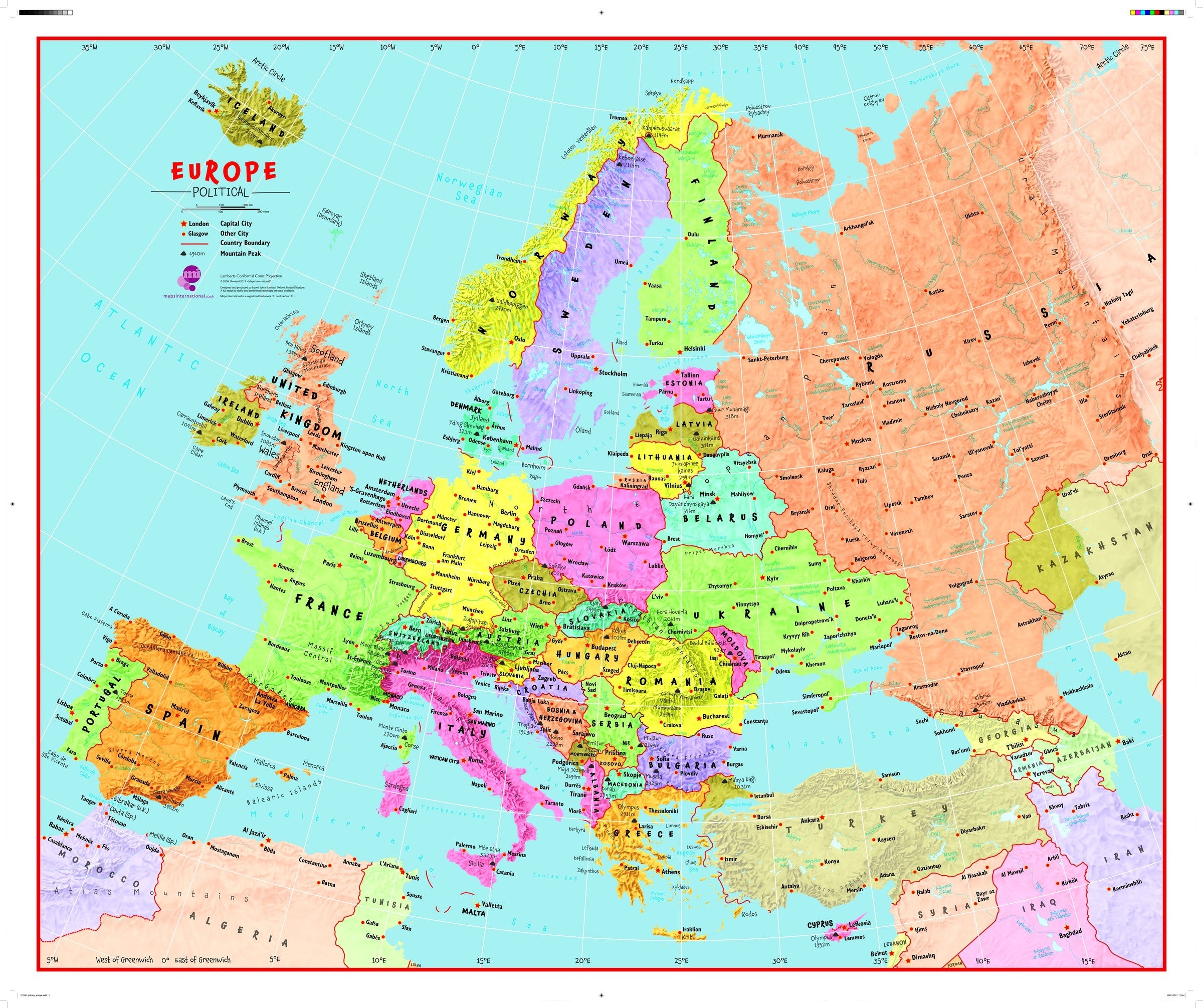 Primary Europe Wall Map Political