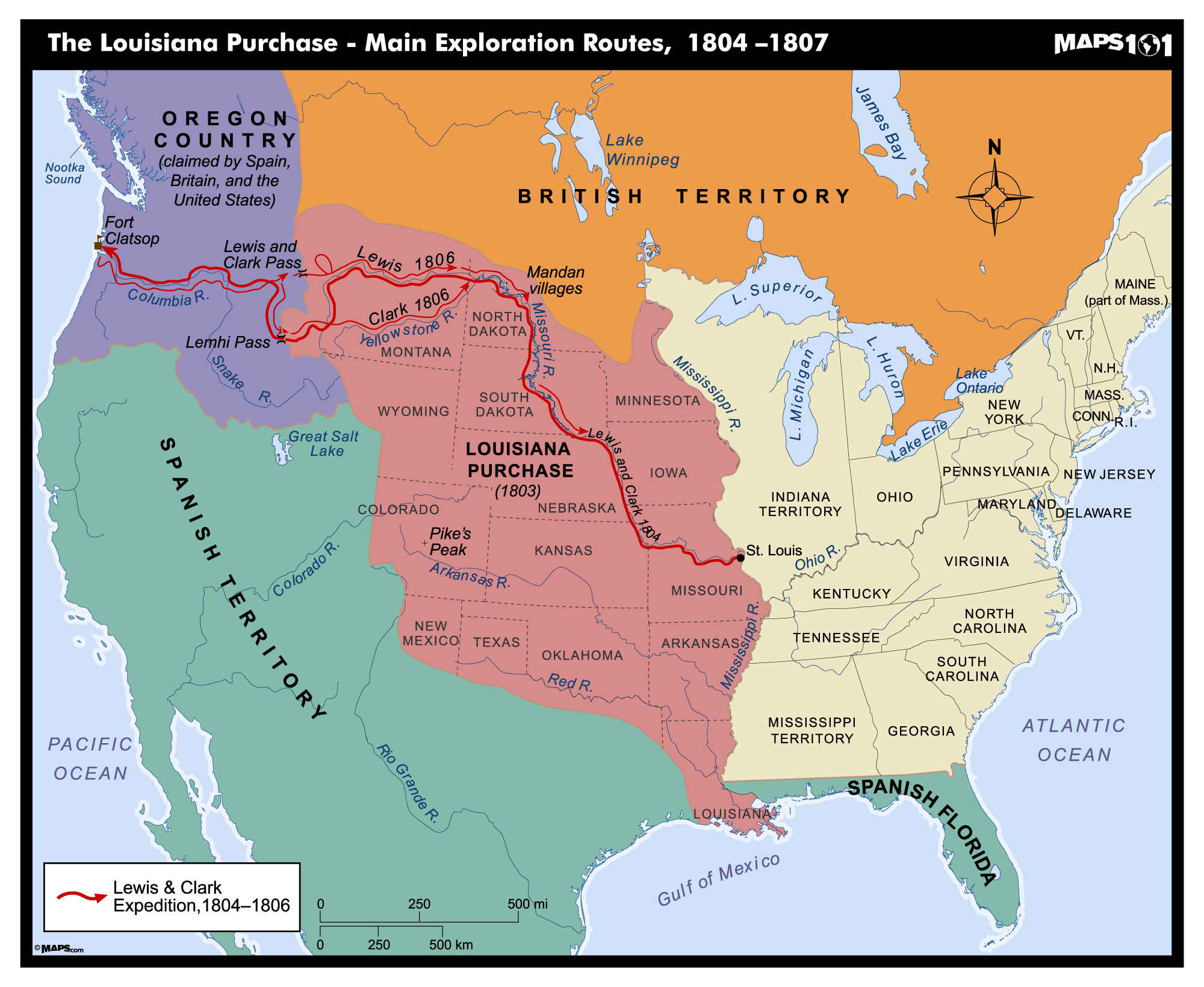 Louisiana Purchase Main Exploration Routes 1804 1807 Map