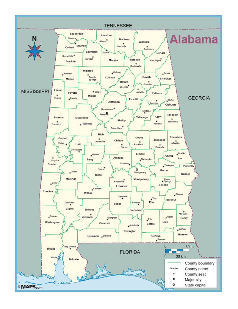 Alabama County Outline Wall Map 9789