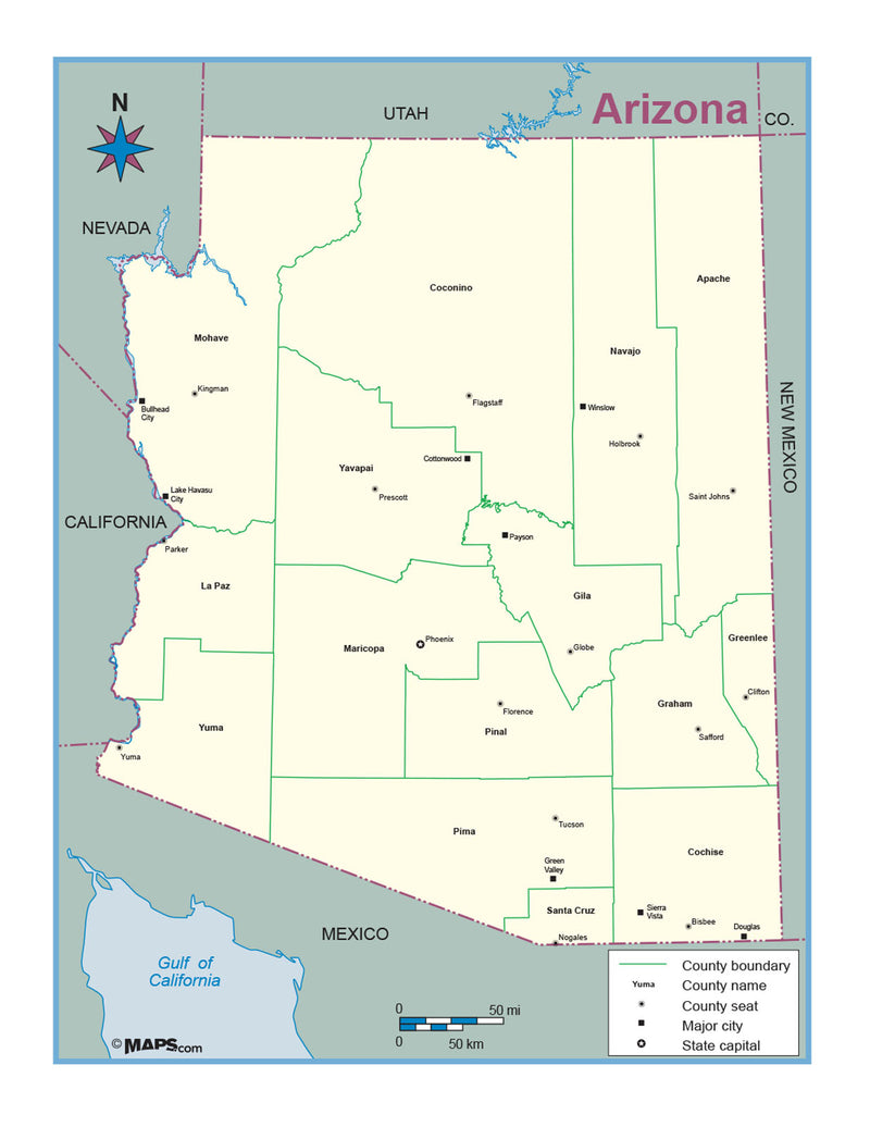 Arizona County Outline Wall Map | Maps.com.com