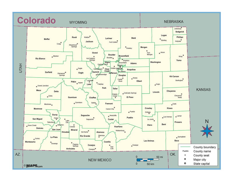 Colorado County Outline Wall Map | Maps.com.com
