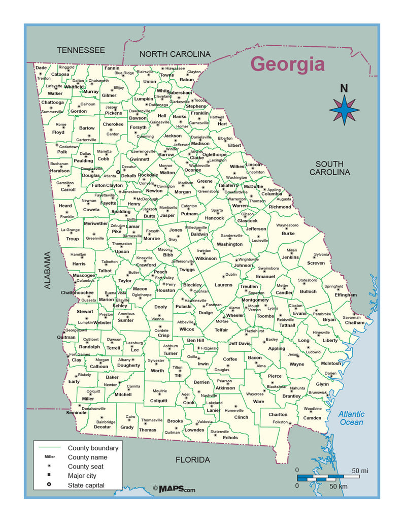 Georgia County Outline Wall Map