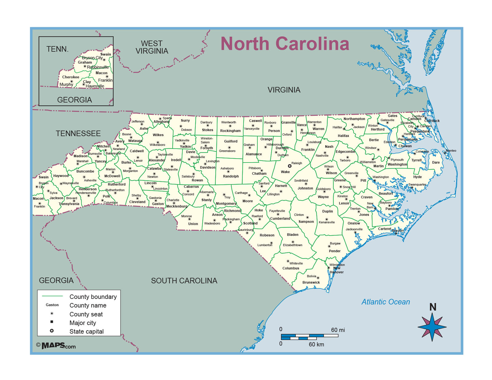 North Carolina County Outline Wall Map | Maps.com.com