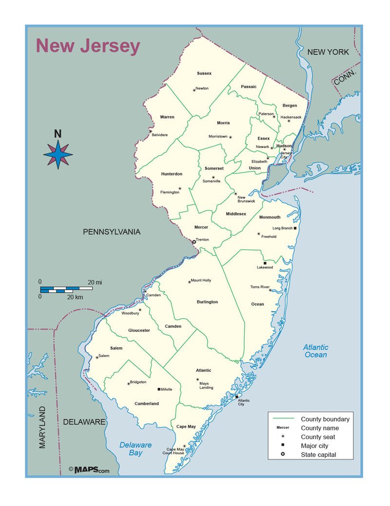 New Jersey County Outline Wall Map 0002