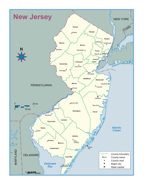 New Jersey County Outline Wall Map | Maps.com.com
