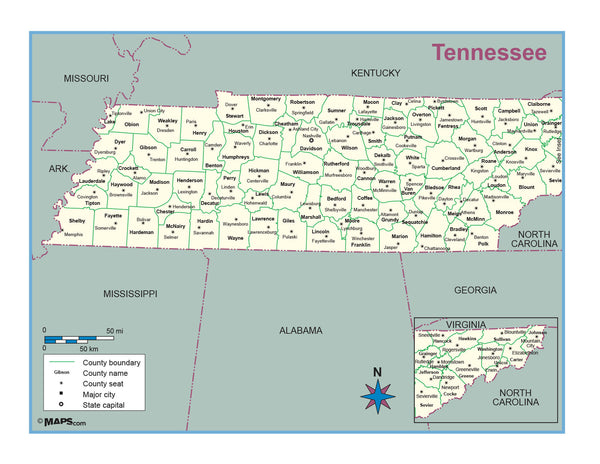 Tennessee County Outline Wall Map | Maps.com.com