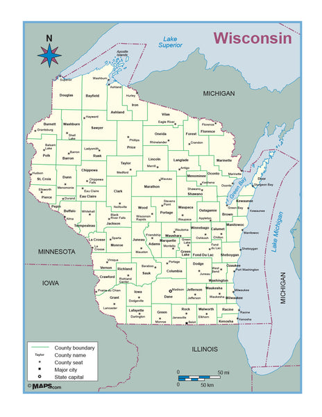Wisconsin County Outline Wall Map | Maps.com.com