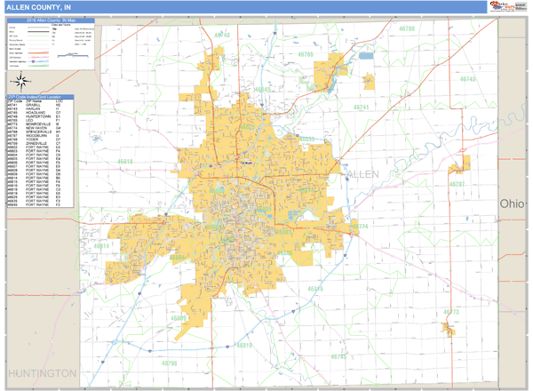 Allen County Indiana Zip Code Wall Map 7625