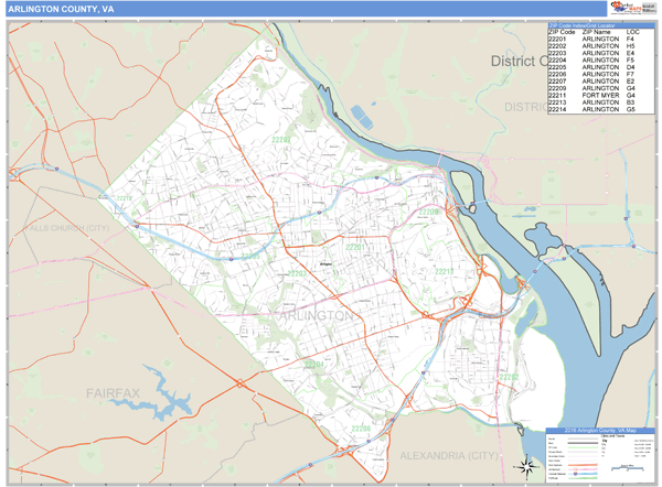 Arlington County Zip Code Map Arlington County, Virginia Zip Code Wall Map | Maps.com.com