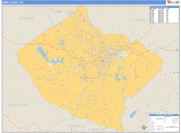 Bibb County, Georgia Zip Code Wall Map | Maps.com.com