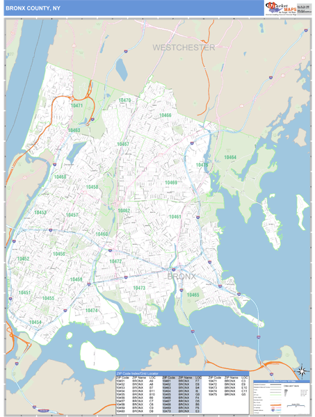 Bronx County New York Zip Code Wall Map