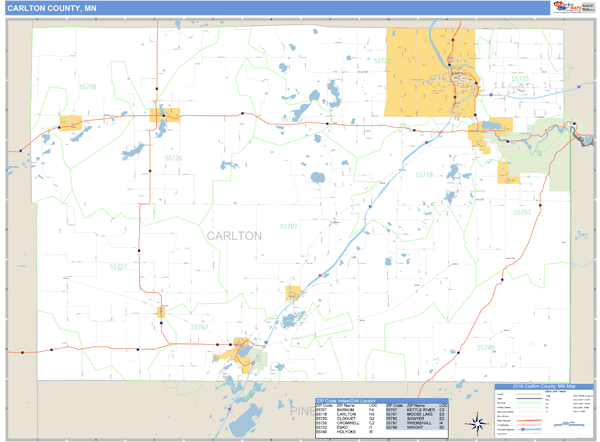 Carlton County Minnesota Zip Code Wall Map 2557