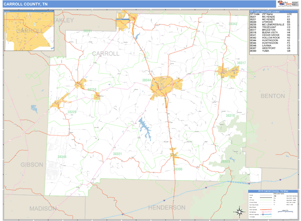 Carroll County Tennessee Map Carroll County, Tennessee Zip Code Wall Map | Maps.com.com