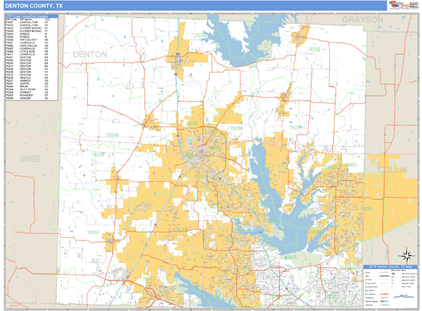 Denton County Texas Zip Code Wall Map 4910