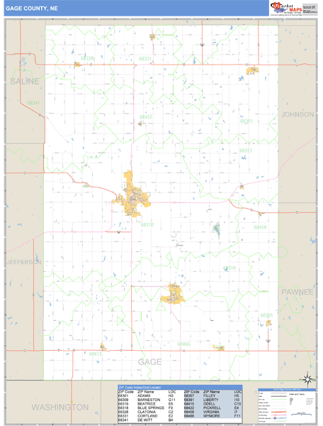 Gage County Nebraska Zip Code Wall Map